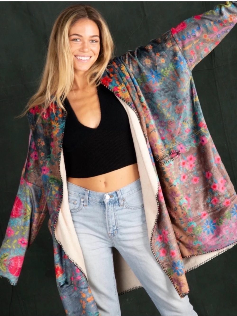 NATURAL LIFE Cozy Blanket Kimono - Vintage Rose Patchwork OS